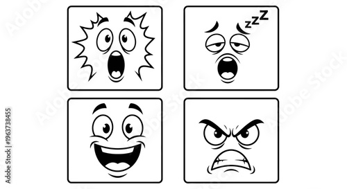 Cartoon emoji faces expressing shock, sleepiness, happiness, and anger, on an isolated white background.