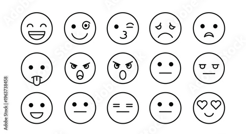 Large Set of Outline Black and White Simple Emoji Faces Expressing Various Emotions on Isolated White Background