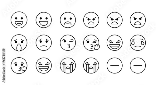 Large Set of Outline Black and White Emoji Faces Showing a Wide Range of Emotions on Isolated White Background
