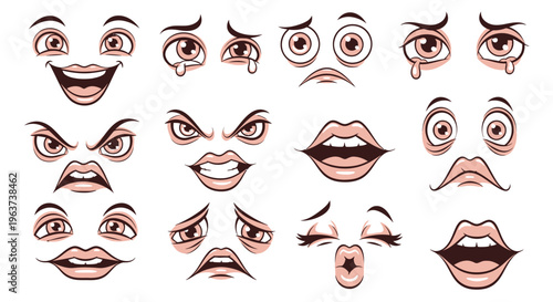 Collection of Expressive Cartoon Eyes and Mouths Showing Various Emotions on Isolated White Background
