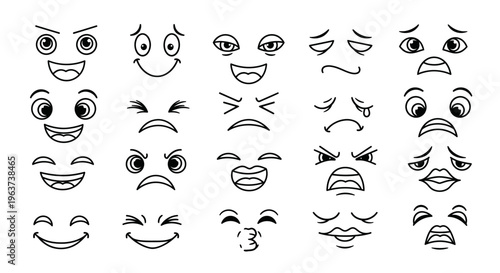 Extensive set of versatile cartoon emoji eyes and mouths depicting a multitude of emotions and expressions, on an isolated white background.