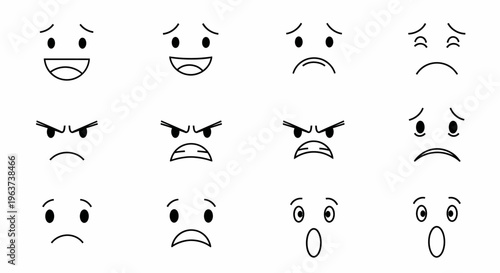 Set of Outline Black and White Emoji Faces Expressing Diverse Emotions on Isolated White Background