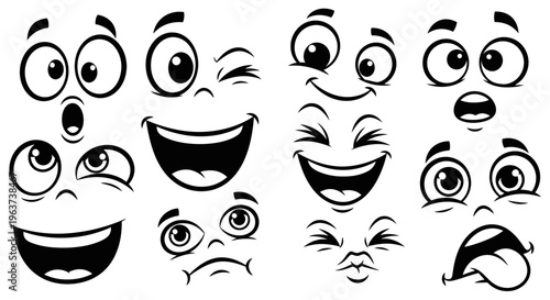 Large set of diverse cartoon emoji facial expressions including happy, surprised, winking, and kissing, on an isolated white background.