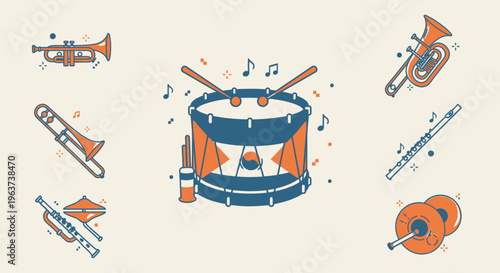 Collection of Various Musical Instruments Including Drum, Trumpet, Flute on Light Beige Background