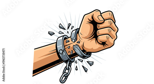 Powerful Arm and Fist Breaking Metal Chain Symbolizing Freedom and Liberation on Isolated White Background