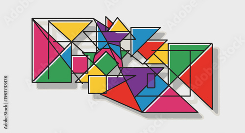 Colorful Abstract Geometric Shapes and Triangles Arranged in a Modern Pattern on Light Gray Background