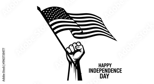 Black and White Raised Fist Holding American Flag for Happy Independence Day on Isolated White Background