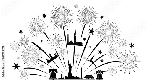 Grand fireworks display illuminating famous American landmarks in silhouette, celebrating a national event.