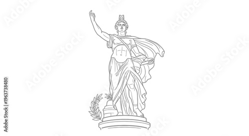 Line Art Drawing of Classical Greek or Roman Statue on Isolated White Background