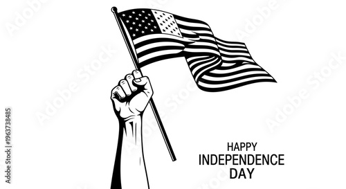 Powerful Raised Fist Holding American Flag with Happy Independence Day Text on Isolated White Background