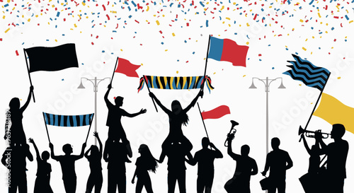 Diverse group of people celebrating joyfully with colorful flags and falling confetti in a street parade.