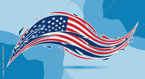 Dynamic waving American flag in a patriotic design against a blue sky background.