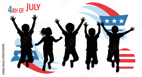 Silhouettes of Happy Children Joyfully Jumping in Celebration of 4th of July with American Flag Background