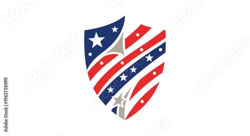 Patriotic shield featuring American flag stars and stripes design, symbolizing protection and national pride, isolated white background.