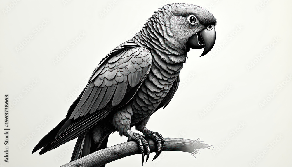 Obraz premium Detailed monochrome sketch of parrot perched on branch. Scratchboard style illustration fine lines, high contrast, ideal for nature vintage themed designs. Perfect for educational artistic content.