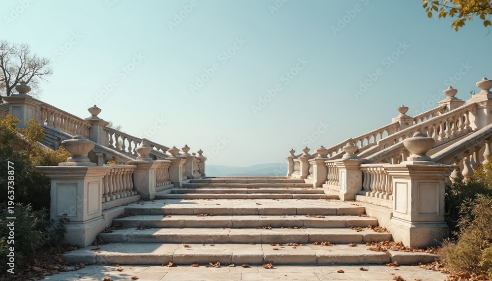 Naklejka premium Stone stairs with ornate balustrades lead upwards to hazy horizon. Sunlight illuminates path and surrounding foliage. Scene evokes grandeur and exploration, inviting viewers towards distant landscape.