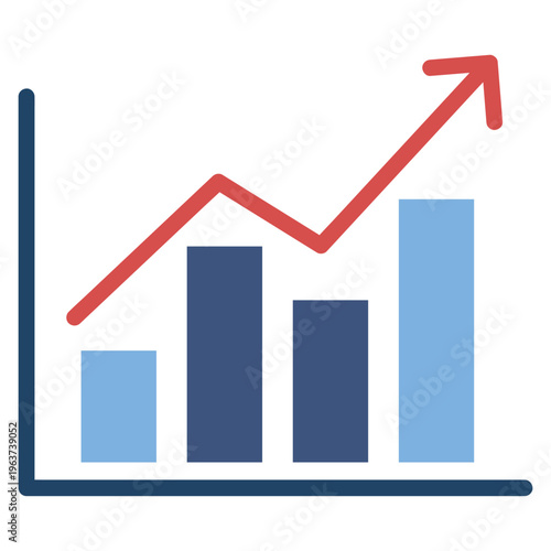 Business growth bar chart icon with upward red arrow, financial success and profit concept vector.