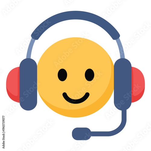 Happy smiley face with headset icon, customer support and online assistant service concept.