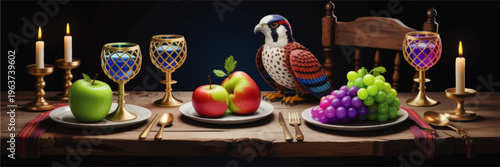 Medieval feast still life with colorful hawk, candles, fruit and golden goblets on rustic wooden table, fantasy banquet illustration