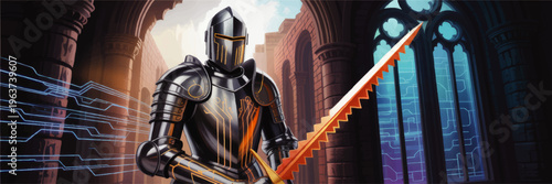 Futuristic cyber knight in glowing armor with digital sword in gothic cathedral, sci fi fantasy cybersecurity concept illustration