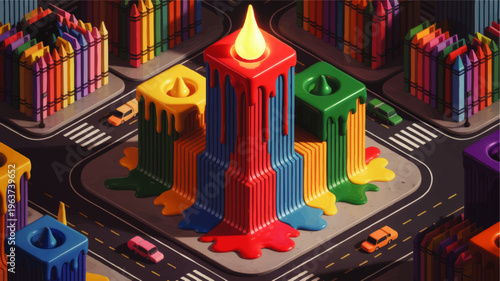 Vibrant melting crayon skyscrapers in fantasy city, colorful dripping wax architecture with traffic, creative urban art illustration