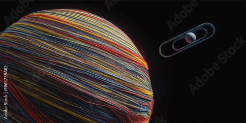 Colorful abstract yarn planet and futuristic capsule spacecraft with small moon in deep black space, surreal cosmic illustration