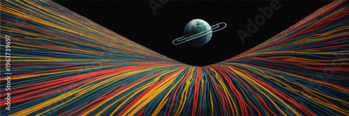 Futuristic colorful data streams converging toward surreal ringed planet in deep space, abstract sci fi cosmic landscape background