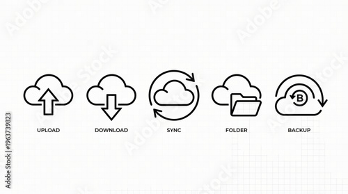 Essential set of outline cloud computing operations icons for data storage and network management solutions