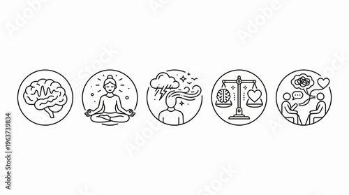 Mindfulness, mental health, and emotional balance icons representing well-being and introspection