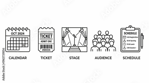 Essential Event Management and Entertainment Line Icons Collection for Planning, Shows, and Attendance