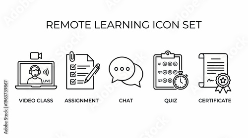 Remote learning icon set with video class, assignment, chat, quiz, and certificate