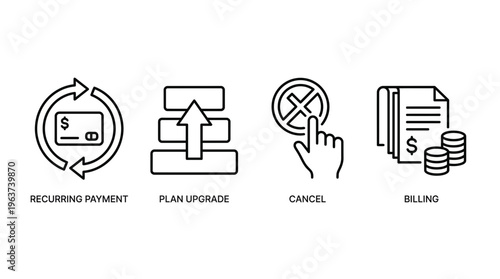 Financial Transaction Icons Recurring Payment, Plan Upgrade, Cancel, and Billing
