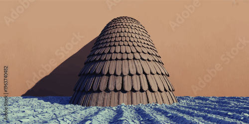 Surreal dome structure with overlapping scales rising from rippling blue water against pastel peach wall, abstract 3D illustration