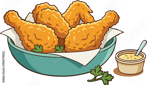 Delicious crispy fried chicken served in a bowl with a side of dipping sauce and garnished with parsley