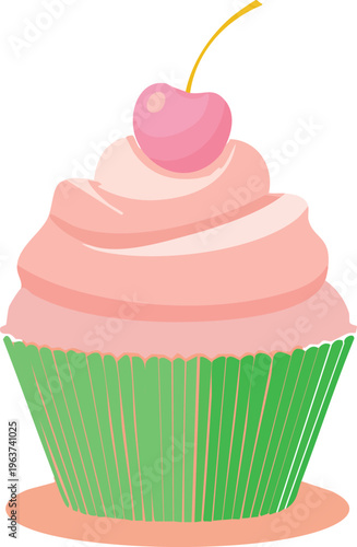 A sweet strawberry cupcake with pink frosting and a cherry on top, set against a white background. This delightful dessert is perfect for celebrations