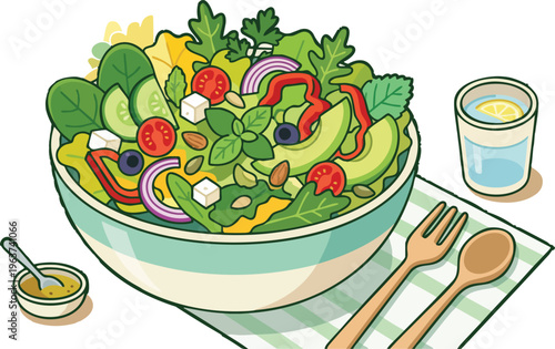 A delicious and healthy bowl of fresh salad with avocado, feta, and a side of dressing, perfect for a light meal or side dish