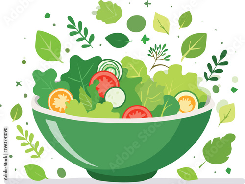 Fresh Green Salad with Tomatoes and Lettuce in a Bowl, Sprinkled with Leaves