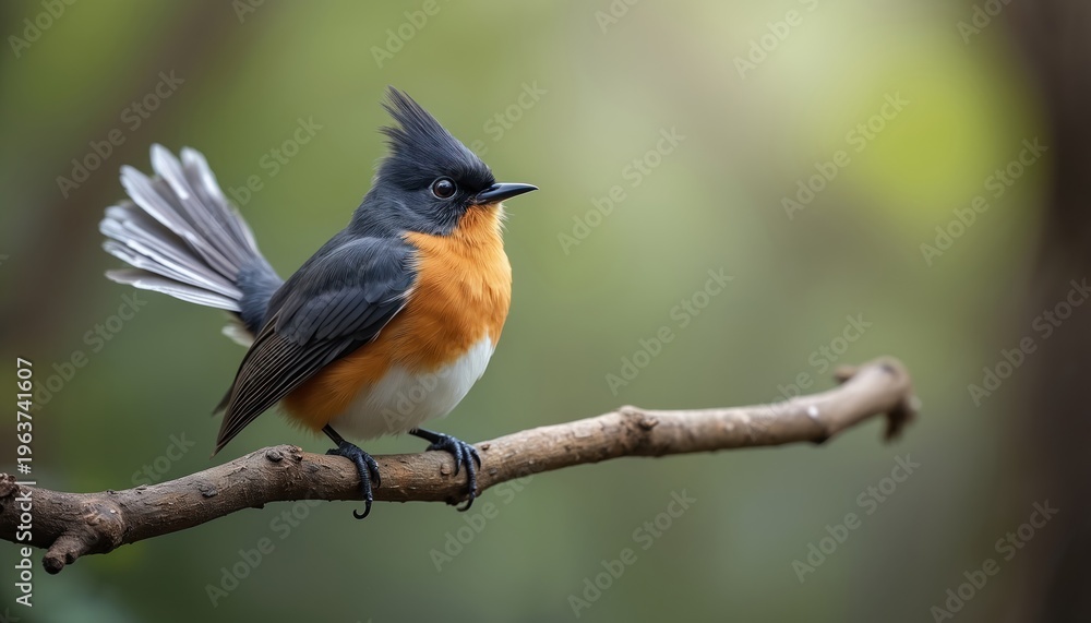 Fototapeta premium Small bird with orange chest and spiky head feathers sits on tree branch. It has a fanned tail and looks to the right in nature setting. Background is soft green blur.