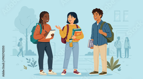 College friends talking together with books and colorful backpacks