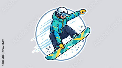 Dynamic snowboarder jumping in midair on snowy mountain slope