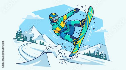 Freestyle snowboarder carving and jumping in winter sports scene