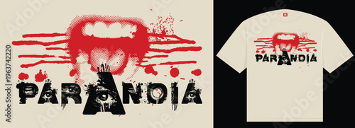 T-shirt graphics with reading Paranoia and a human mouth, optical sight and splash bloody. Grunge Typography Poster, Gaming Club Banner, Dark Gamer Room Wall Art. No ai