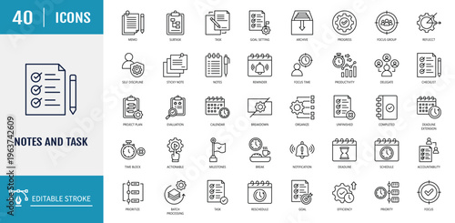 Notes and task icon set. Includes reminder, priority, deadline, completed, calendar, schedule, notification. Outline icon set. Vector illustration with editable stroke
