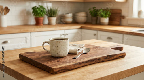 Coffee cup on wooden kitchen counter.