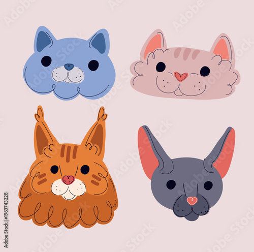 Cartoon vector illustration of cat faces including British Shorthair, Oriental, Maine Coon and fluffy cat
