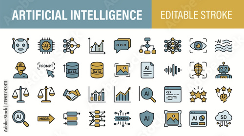 Colorful artificial intelligence illustration with robot and brain symbolizing machine learning and innovation in technology