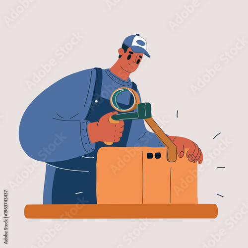 Cartoon vector illustration of packer sending a package on its journey
