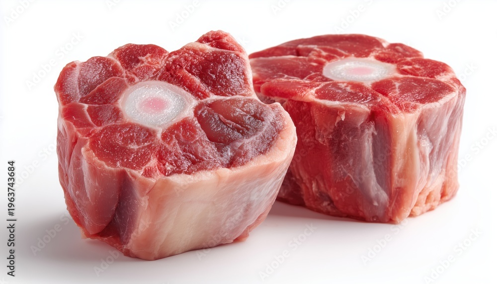 Fototapeta premium Italian Dish Osso Buco: White Background Featuring Raw Veal Meat With Marrow Bone Cutout For Traditional Recipe Preparation. A Savory Delight.