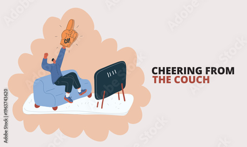 Cartoon vector illustration of man on sofa with foam hand giving thumbs up while jumping, symbolizing enthusiastic support and excitement