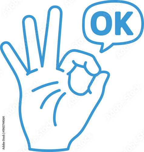 Hand gesture OK sign with blue outline and speech bubble